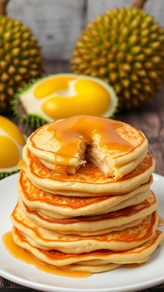 Fluffy durian pancakes with durian filling, drizzled with condensed milk, served on a plate with fresh durians in the background.